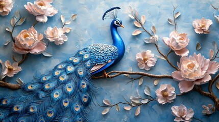 A blue peacock sits on a branch with pink flowers on a blue background.