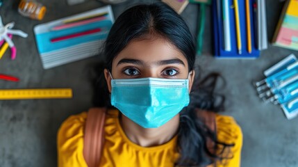Flat lay top view of face mask and school supplies, back to school and coronavirus concept.