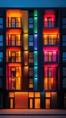 Modern apartment building with colorful led lighting displaying futuristic architecture at dusk