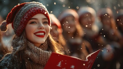 Choir girl singing christmas carols outdoors in the snow