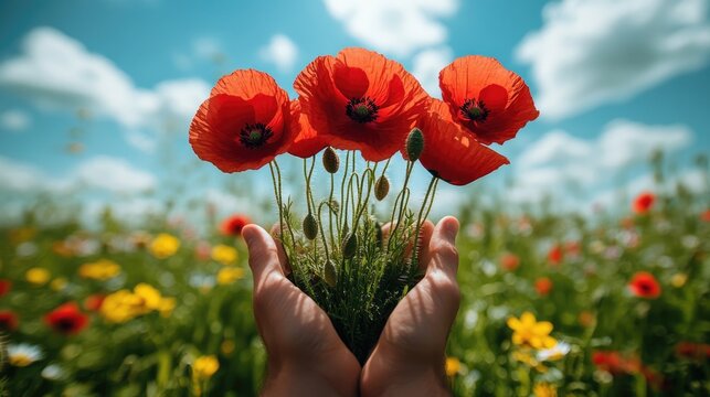 Hands holding red poppies in a field of wildflowers under blue sky
