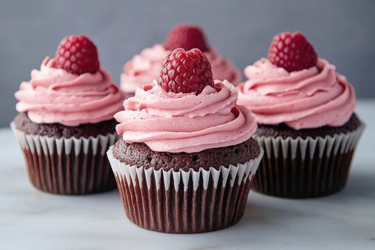 Delicious chocolate cupcakes topped with raspberry buttercream frosting and fresh raspberries