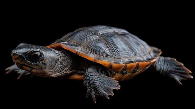 Close-up of a young turtle with a dark, patterned shell and bright orange accents. The small reptile is captured against a stark black background, showcasing its intricate details.
