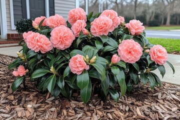 Beautiful pink camellia flowers blooming in garden near house
