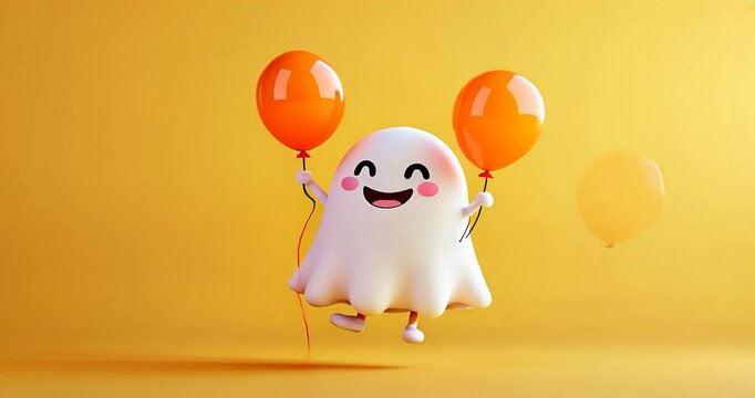 3D render of a friendly ghost character with colorful balloons in hand, set against a warm yellow background, Halloween-themed with vibrant lighting and shadows