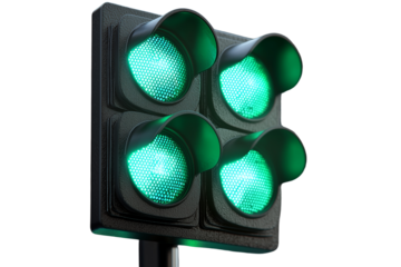 Green traffic signal with illuminated lights, indicating go. design features modern look with transparent background, enhancing visibility and focus on signal
