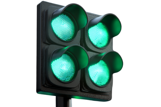 Green traffic signal with illuminated lights, indicating go. design features modern look with transparent background, enhancing visibility and focus on signal