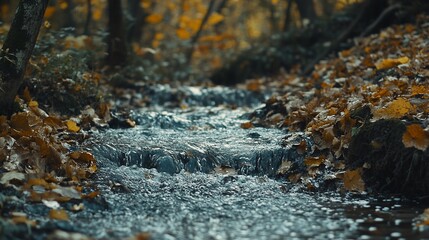 Fototapeta premium A small stream flows through a forest in autumn, surrounded by fallen leaves.