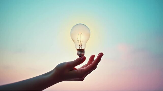 V&iacute;deo de conceito de &iacute;d&eacute;ia criatividade neg&oacute;cios m&atilde;o com lampada acendendo