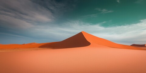 A desert landscape with a large sand dune in the foreground. The sky is blue and the sun is shining