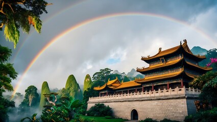 Obraz premium chinese temple with rainbow
