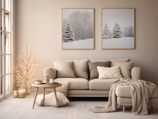Fototapeta premium Modern minimalist Scandinavian style interior in neutral colors with Christmas decor, neutral couch and winter art on the wall. Holiday season interior. Winter mood interior.