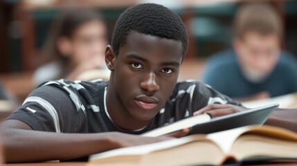 Multiracial students reading books and using laptop computers while studying at school - Focus on african guy face