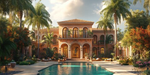 Naklejka premium Luxurious Mediterranean villa with a pool and lush tropical landscaping.