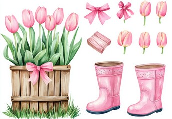  Flower Basket Day. Watercolor clipart set of pink tulips, a flower basket, and rain boots on a white background with a wooden fence.
