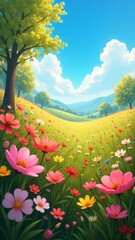 Fototapeta premium A colorful meadow brimming with vibrant flowers under a bright sunny sky in springtime