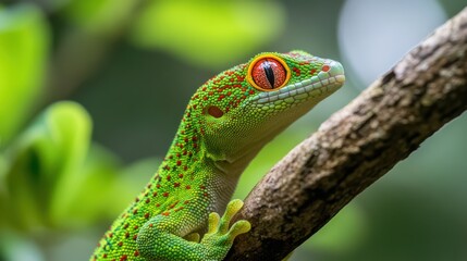 Obraz premium Close-up of a vibrant green gecko with striking red eyes perched on a tree branch. Its textured skin and bright colors stand out against the blurred green background.