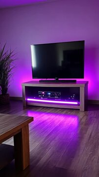 A flat-screen TV rests on a sleek, wood-toned entertainment stand