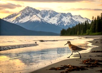 Majestic Double Exposure of a Sandpiper Walking on the Beach at Twin Lakes, AK with Snowy Peaks in the Background on a Serene Summer Evening