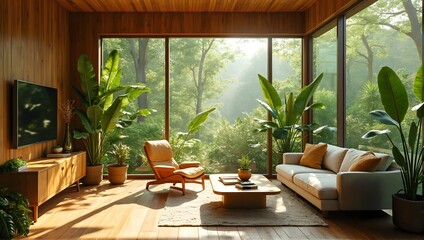 Fototapeta premium A luxurious, stylish, wooden warm modernist interior with panoramic windows with elegant, organic wooden elements, surrounded by lush, paradise nature.