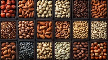 different nuts background Close up, top view, flat lay. Walnut, pistachios, almonds AI generated