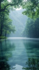 Misty River Valley, Lush Forest, Serene Landscape