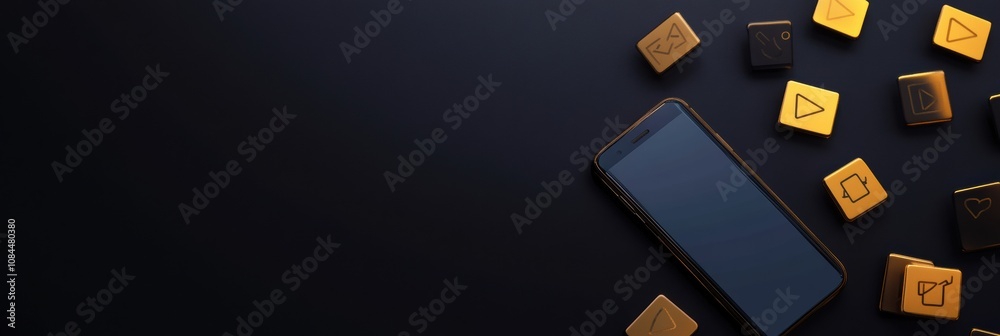 Aufkleber A smartphone rests on a dark surface with various notification icons floating around it, showcasing digital interactions and engagement. Generative AI