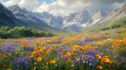Obraz premium A breathtaking alpine meadow bursts with vibrant wildflowers, nestled amongst majestic snow-capped mountains. A picturesque display of nature's beauty.