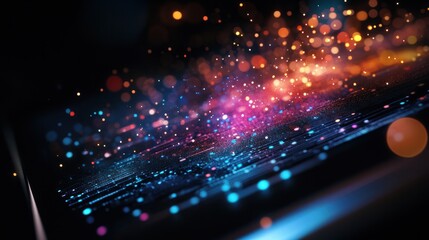 Tablet device with graphics of data flowing outwards, business intelligence concept