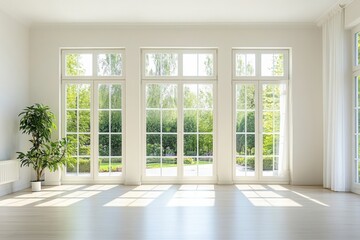 This modern living room features expansive windows that fill the space with natural light, offering views of a serene green landscape. Generative AI