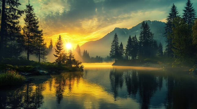 Serene lake surrounded by forest mountains under a glowing colorful sky at dusk
Seamless looping 4k time-lapse virtual video animation Generated AI