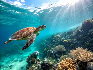 Fototapeta premium Majestic Sea Turtle Gliding Through Crystal Clear Waters in Vibrant Tropical Reef Scene with Colorful Coral and Sunlight Filtering Through the Ocean Surface