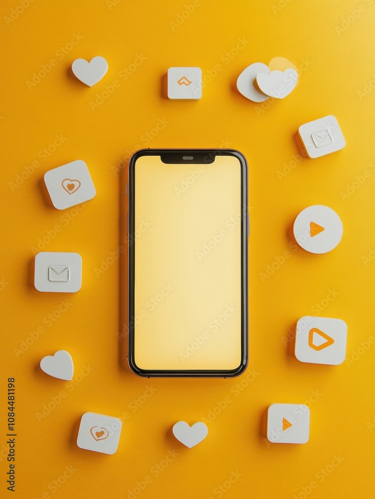 Leinwandbilder a smartphone sits on a bright yellow surface, surrounded by various pop-up icons showing notificatio