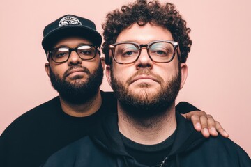 Confident friends in casual style against pink background displaying unity and support