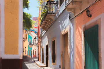 A charming and colourful cobblestone alley in Guanajuato, Mexico lined with vibrant Spanish colonial architecture under sunlight and shadows.