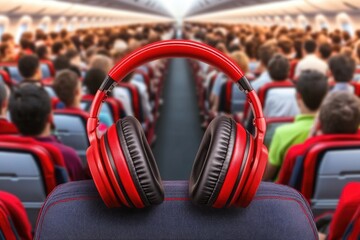 Obraz premium Red headphones on airplane seat with blurred passengers in background