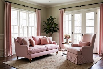 Fototapeta premium Cozy Bungalow Living Room Design Featuring Soft Pastel Pink Sofa and Accent Chair