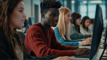 Young multiracial students using computers during business class at school - Focus on center guy face