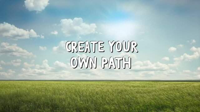 Animated white text reading "Create Your Own Path" overlays a serene landscape with a green field and a bright blue sky. This positive quote is ideal for meditation, wellness, or inspirational video p