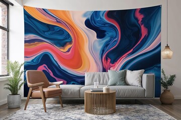 Vibrant Tapestry Art with Flowing Designs and Colorful Acrylic Hues