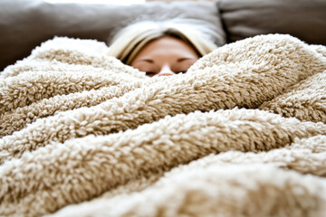 Cozy morning relaxation with woman wrapped in fluffy blanket