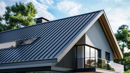 Close up of grey metal roof on modern house 3D render