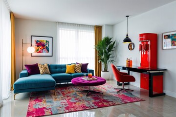 Chic Modern Living Space Features Stylish Couch Chaise Lounge Trendy Desk Vibrant Beverage Station and Sleek Furnishings
