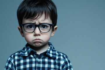 Expressive child with glasses in plaid shirt showing pouty face in blue-toned background