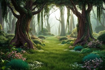 Naklejka premium 3D Fantasy Forest Background with Magical Trees and Lush Green Foliage