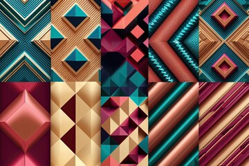 Obraz premium Colorful 3D Geometric Patterns Featuring Trendy Motifs and Lively Textures