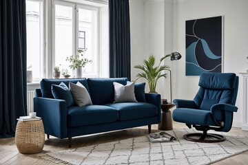 Obraz premium Scandinavian Apartment Living Room Decor Featuring Dark Blue Sofa and Recliner Chair