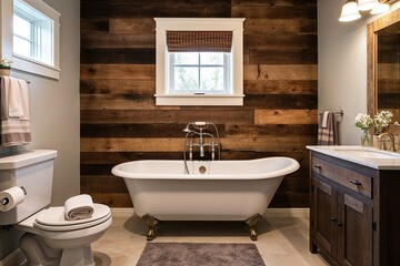 Charming Bathroom Design Featuring Vintage Bathtub and Rustic Barn Wood Wall Accents