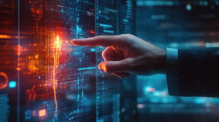 Fototapeta premium Close up of businessman hand with pen pointing at glowing digital business chart grid. Success, money, metaverse and statistics concept. Double exposure