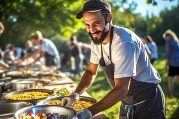 Male volunteer preparing meals outdoors for those in need, greenery and sunlight background. Concept of community support and charitable initiatives focusing on feeding the homeless, poor, vulnerable